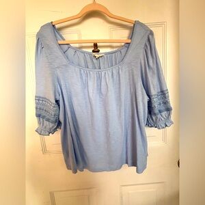 Lucky Brand Light Blue Blouse with Embroidered Sleeves